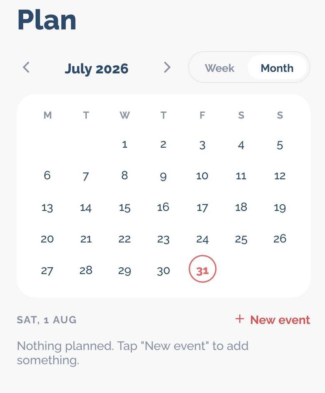 Plan screen showing a monthly calendar with the current day highlighted
