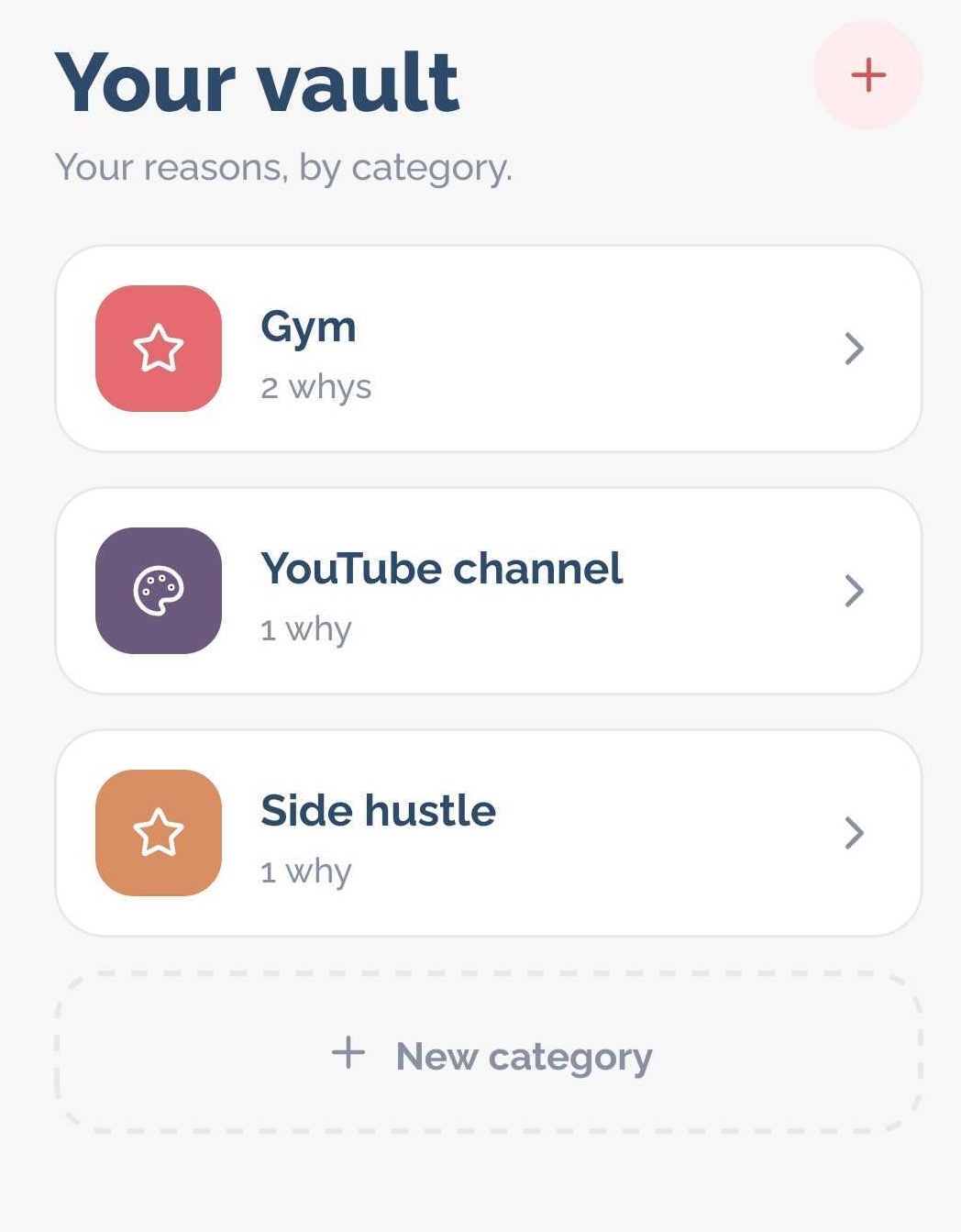 Your vault screen listing project categories with their saved reasons